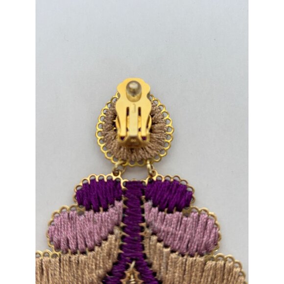 Mercedes Salazar Curubas Drop Earrings Burgundy Tassel Trim Bohemian Clip On - Picture 8 of 9